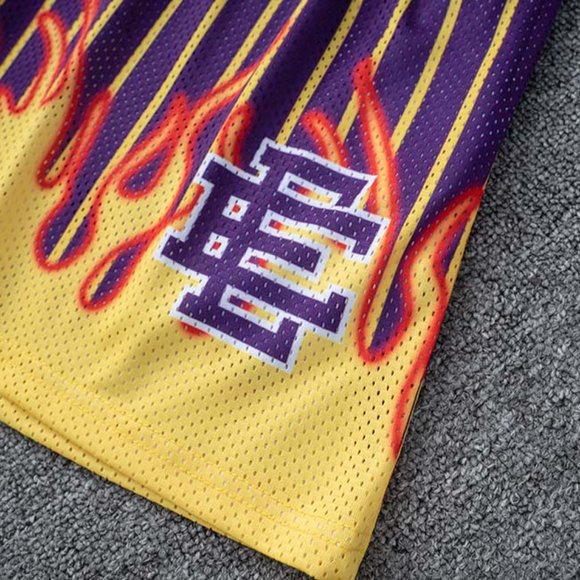 Eric Emanuel EE logo Yellow Flame Print Casual Purple Sports Shorts - Picture 12 of 12